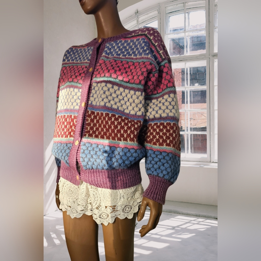 handmade Knitted Cardigan springy pastel color Size M with geometrical patterns